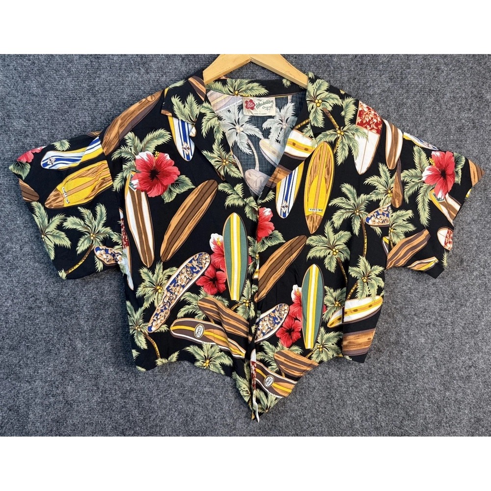 Hilo Hattie Hawaiian Original Crop Top Women Large Black Surfboard Hibiscus Palm